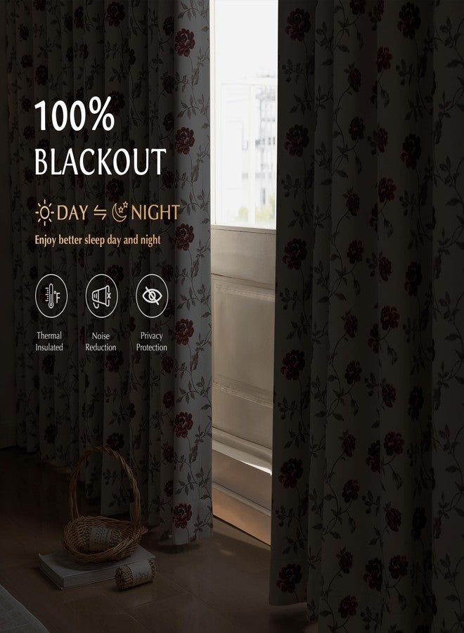 Beauoop Floral 100% Blackout Curtains 84 Inches Long 2 Panels for Bedroom Living Room Red Brown on Beige Vintage Rose Flower Patterned Room Darkening Thermal Soundproof Grommet Window Drapes, 52X84 - Image 2